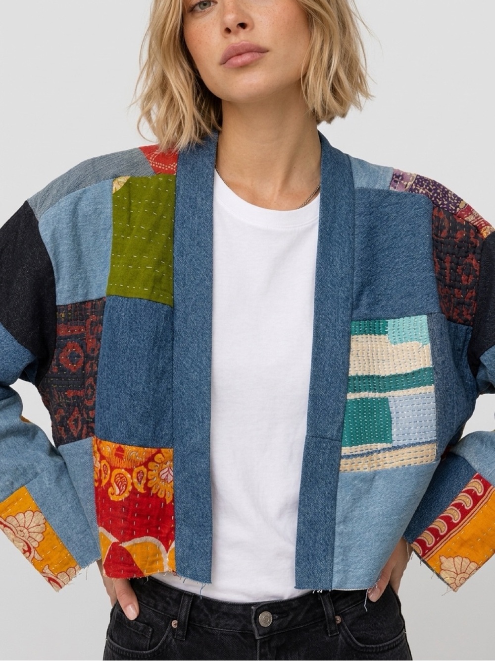 Tricia Fix Handmade Blue Patchwork Open-Front Cardigan